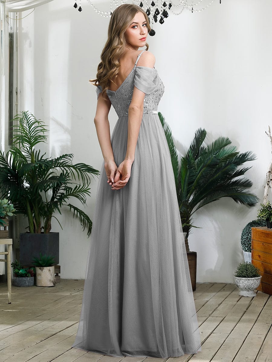 Cold Shoulder Sequin Bodice Long Tulle Bridesmaid Dress #color_Grey