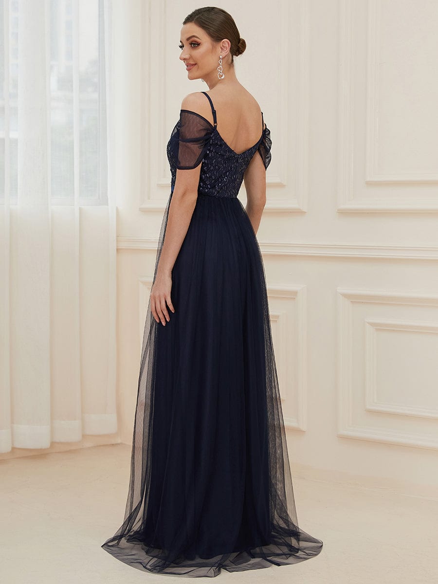 Cold Shoulder Sequin Bodice Long Tulle Bridesmaid Dress #color_Navy Blue