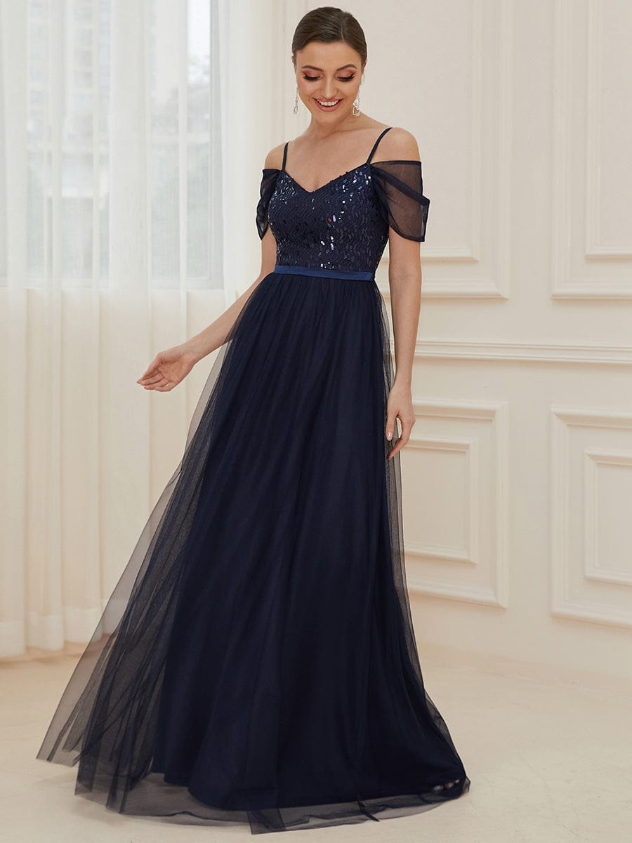 Cold Shoulder Sequin Bodice Long Tulle Bridesmaid Dress