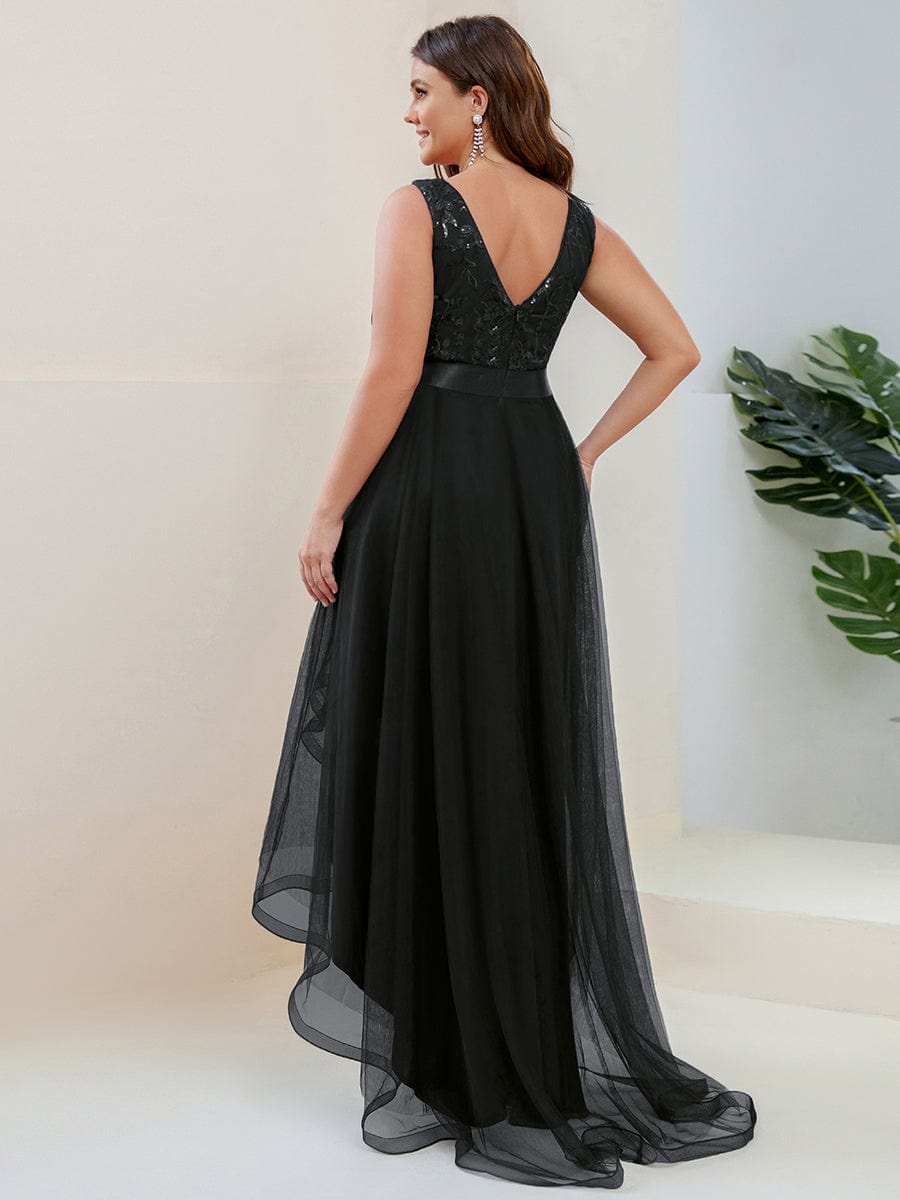 Plus Size Sequin High-Low Deep V Neck Tulle Evening Dresses #color_Black