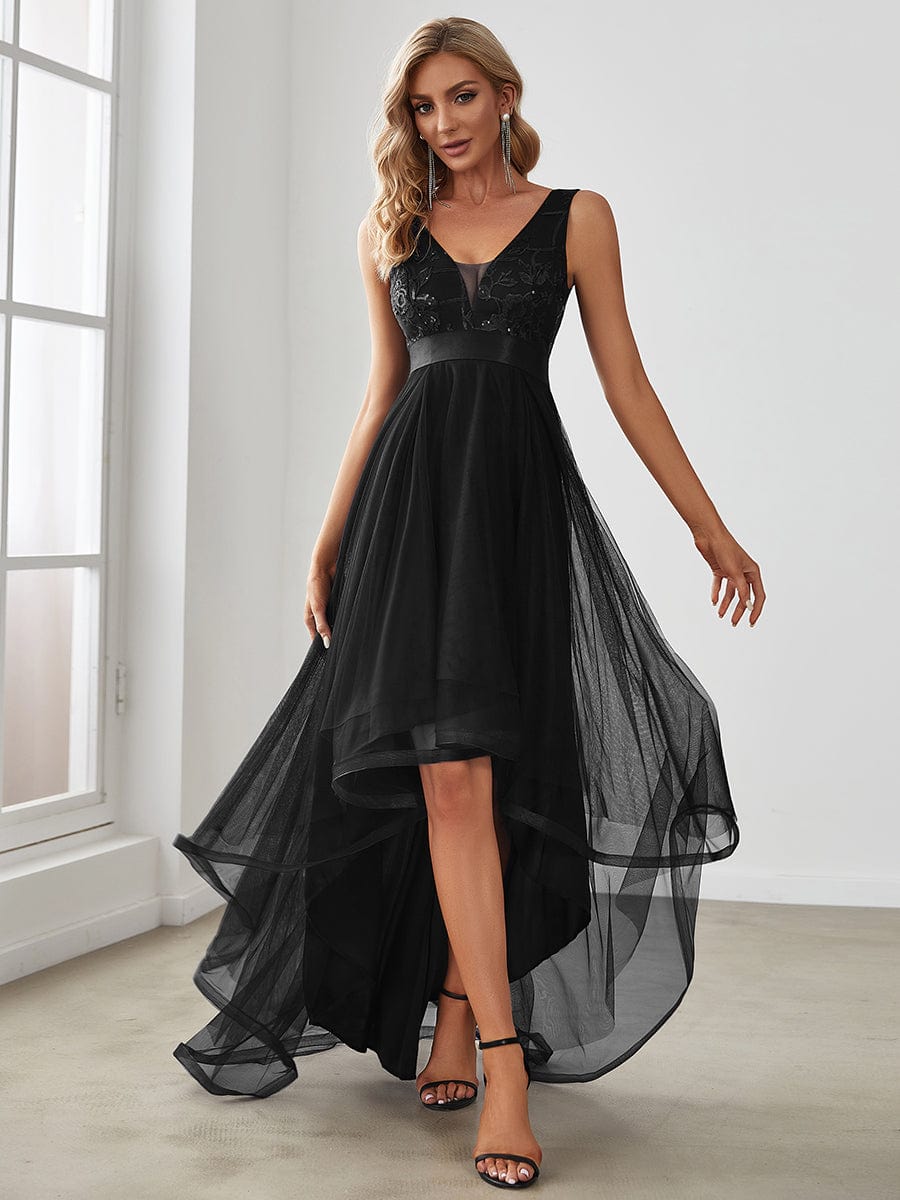 Custom Size High-Low Deep V Neck Tulle Prom Dresses with Sequin Appliques #color_Black