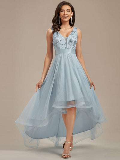 ever SASHIA|Fashion High-Low Deep V Neck Tulle Prom Dresses with Sequin Appliques