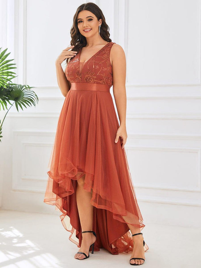 Long Tulle Dress with Deep V Neck Satin Sash Decor Ink Blue Plus Size
