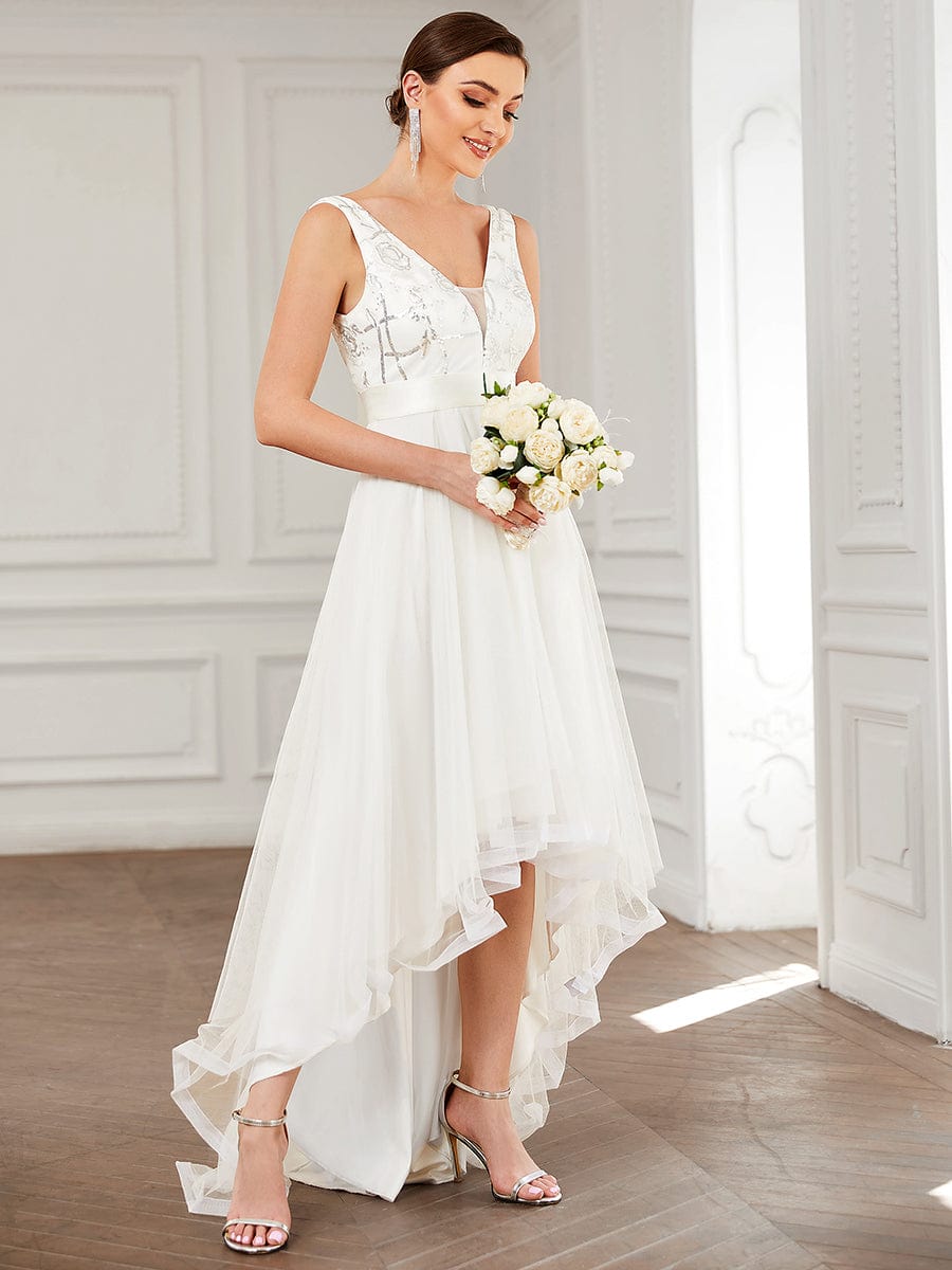 Fashion Sequin Appliques High-Low Tulle Elopement Dress for Wedding #Color_Cream