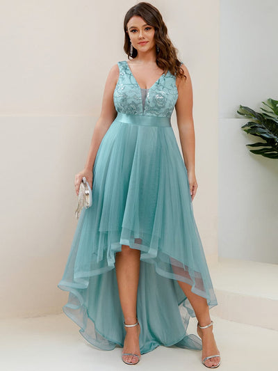 Custom Size High-Low Deep V Neck Tulle Prom Dresses with Sequin Appliques