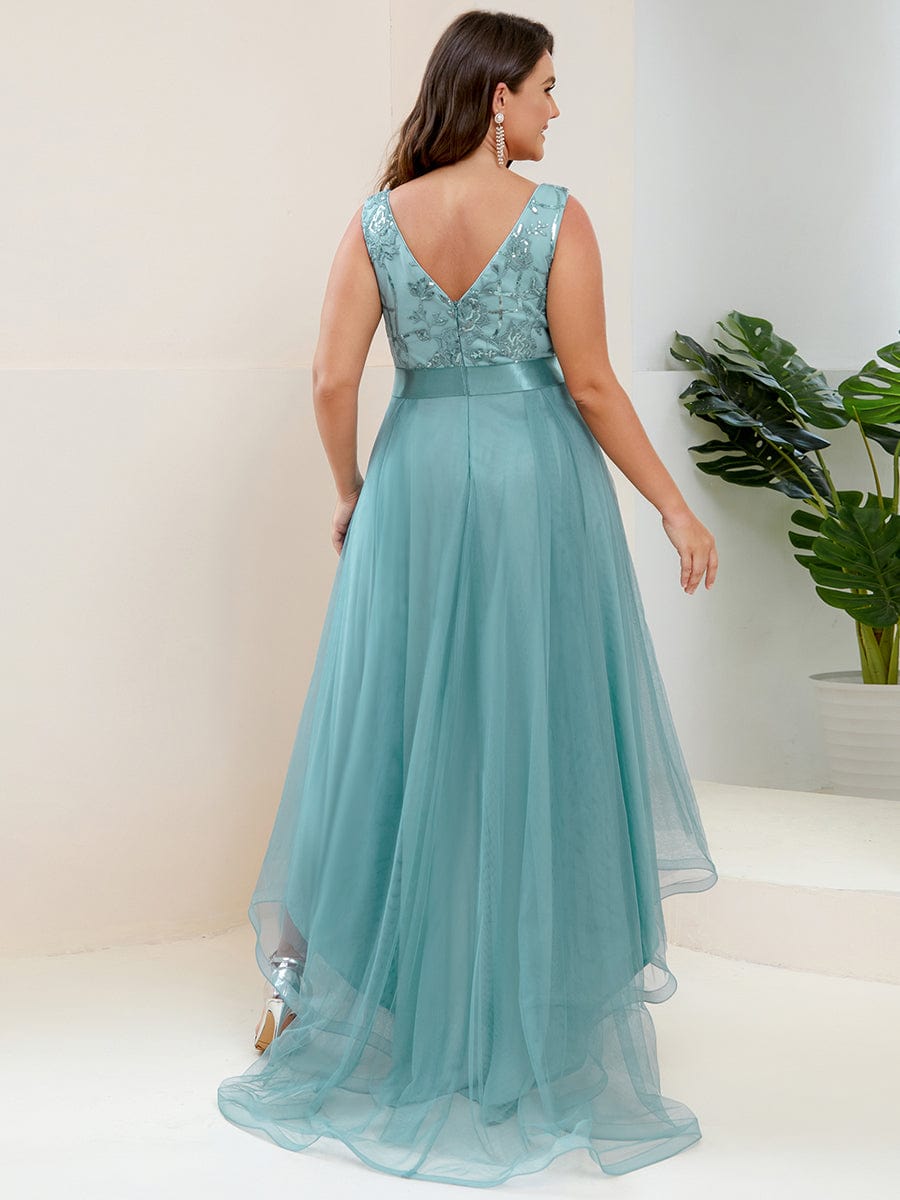 Custom Size High-Low Deep V Neck Tulle Prom Dresses with Sequin Appliques #color_Dusty Blue