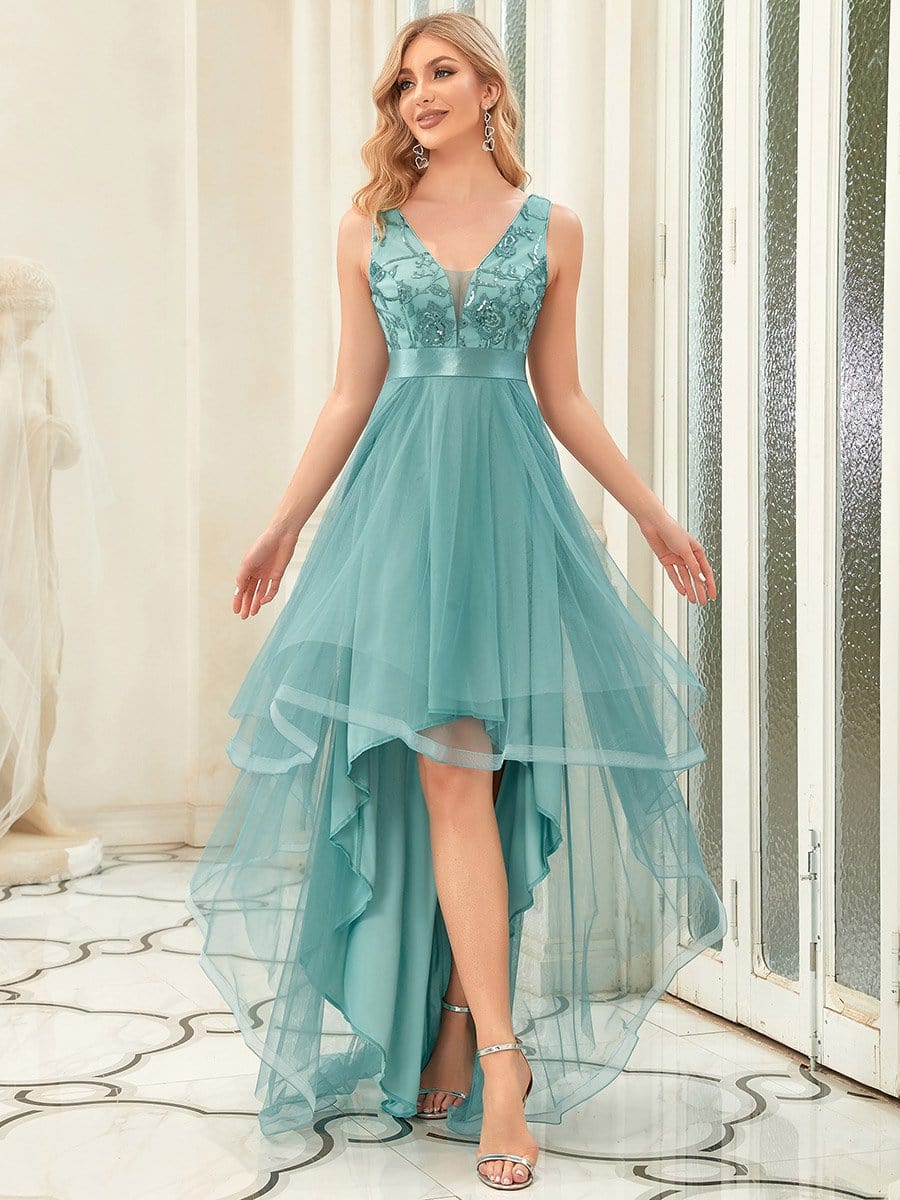 Fashion High-Low Deep V Neck Tulle Prom Dresses with Sequin Appliques #Color_Dusty Blue