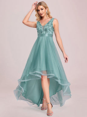 Fashion High-Low Deep V Neck Tulle Prom Dresses with Sequin Appliques