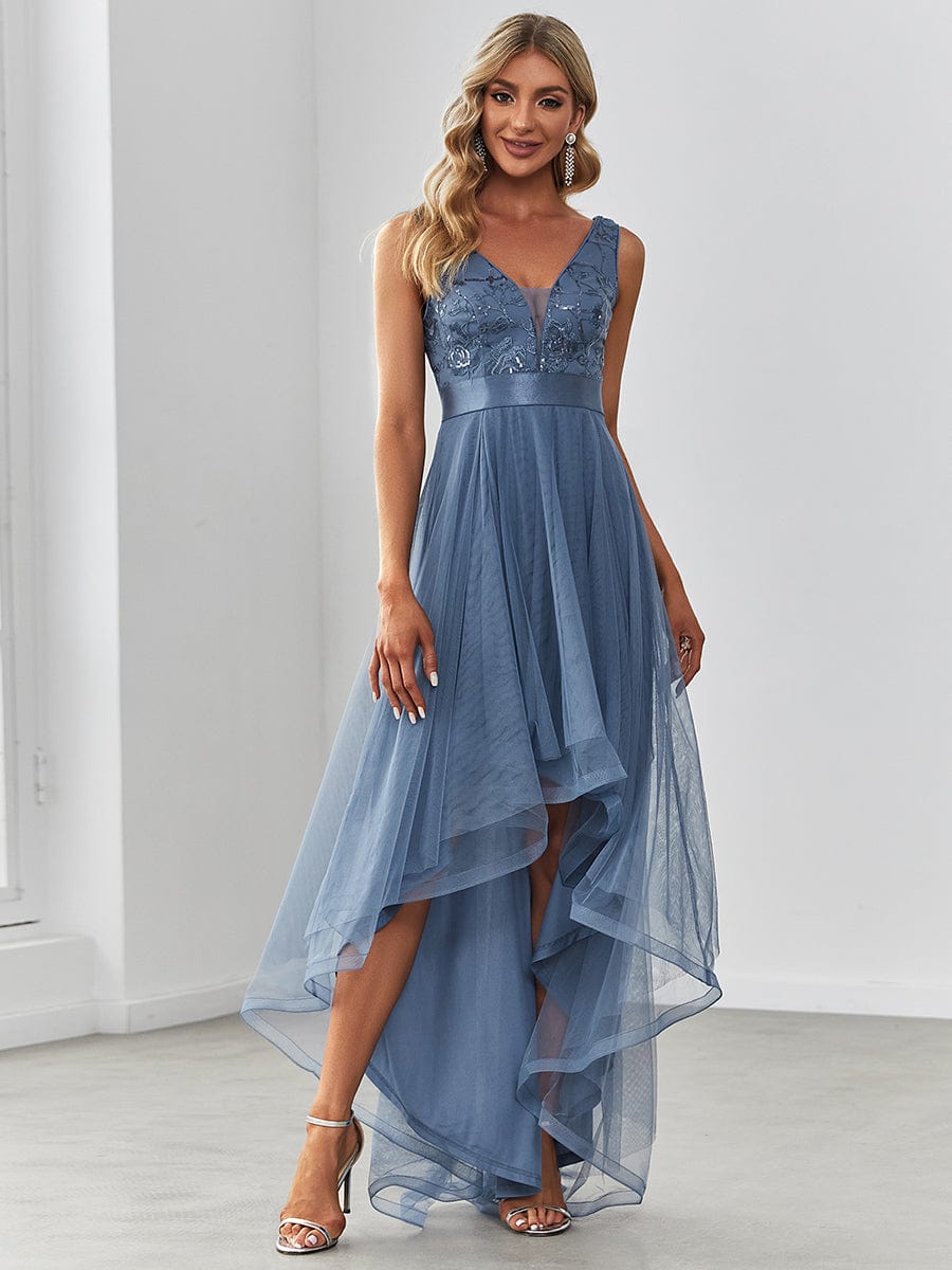 Fashion High-Low Deep V Neck Tulle Prom Dresses with Sequin Appliques #Color_Dusty Navy