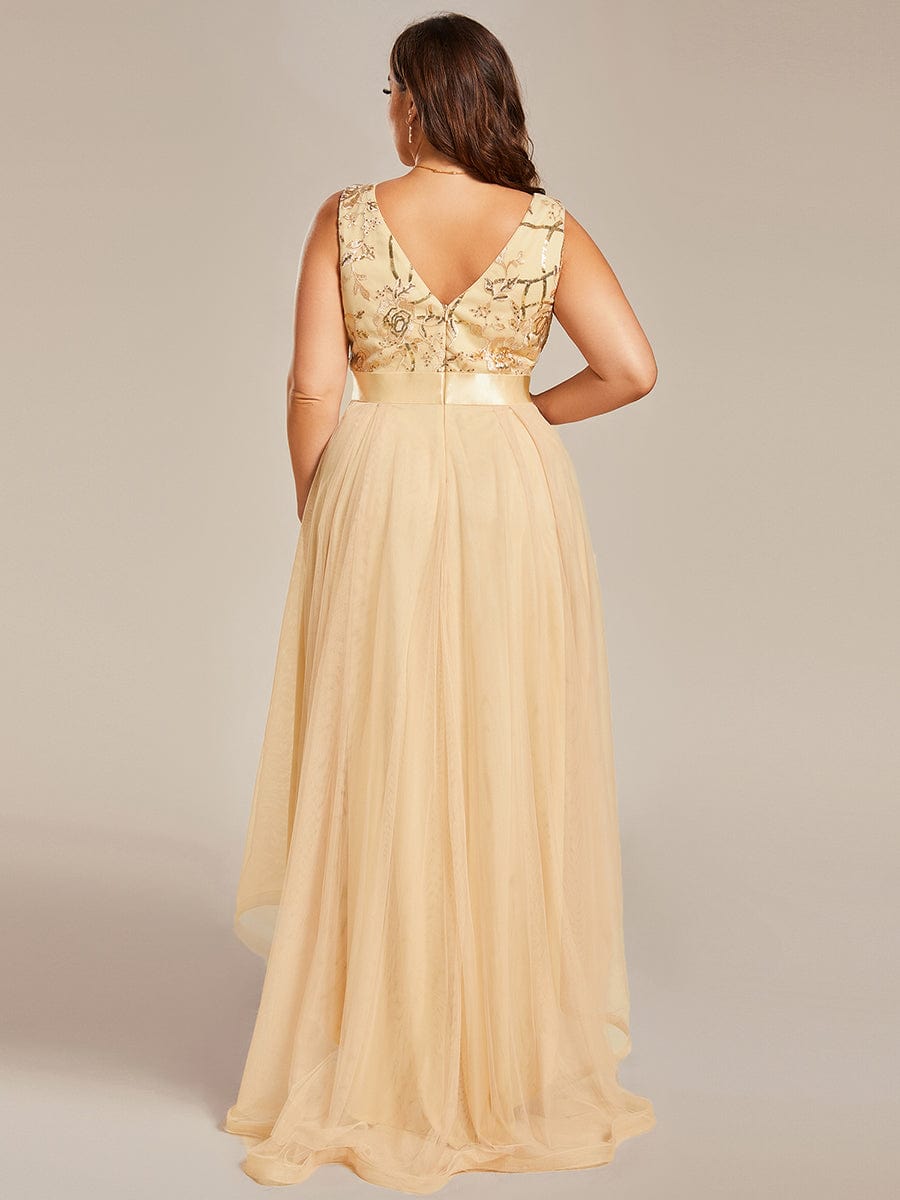 Plus Size Sequin High-Low Deep V Neck Tulle Evening Dresses #color_Gold