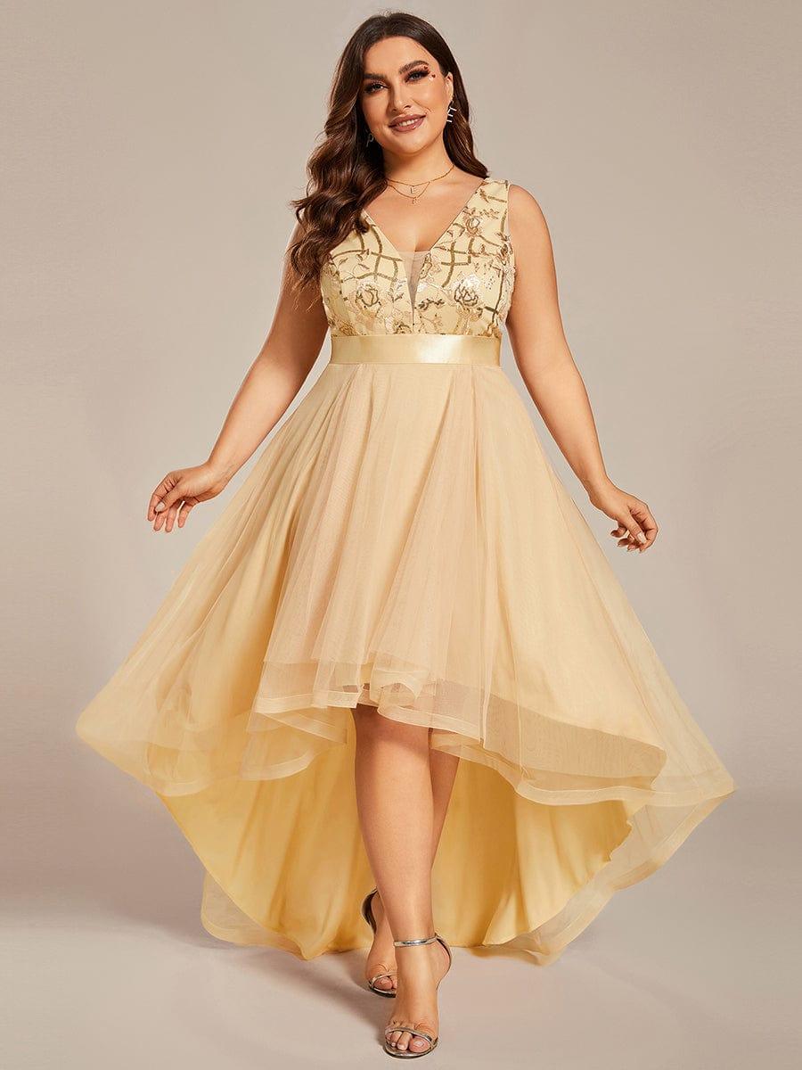 Plus Size Sequin High-Low Deep V Neck Tulle Evening Dresses