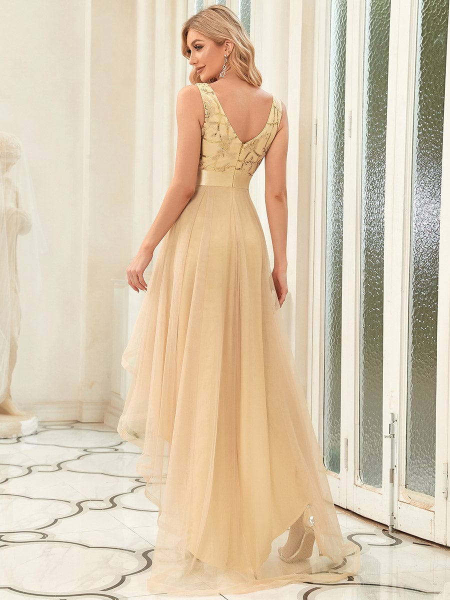 Fashion High-Low Deep V Neck Tulle Prom Dresses with Sequin Appliques #color_Gold