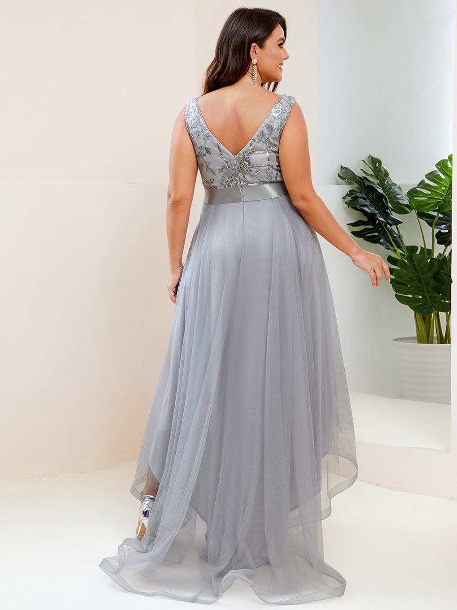 Plus Size Sequin High-Low Deep V Neck Tulle Evening Dresses #color_Grey