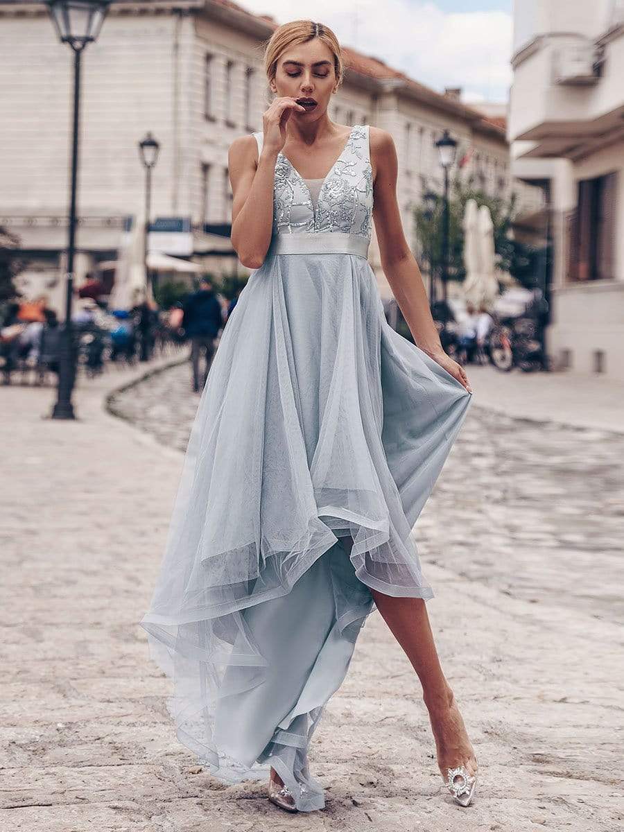 Fashion High-Low Deep V Neck Tulle Prom Dresses with Sequin Appliques #Color_Grey