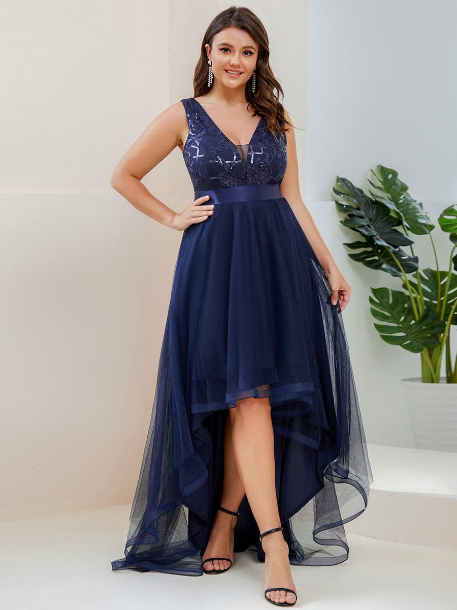Plus Size Sequin High-Low Deep V Neck Tulle Evening Dresses #color_Navy Blue