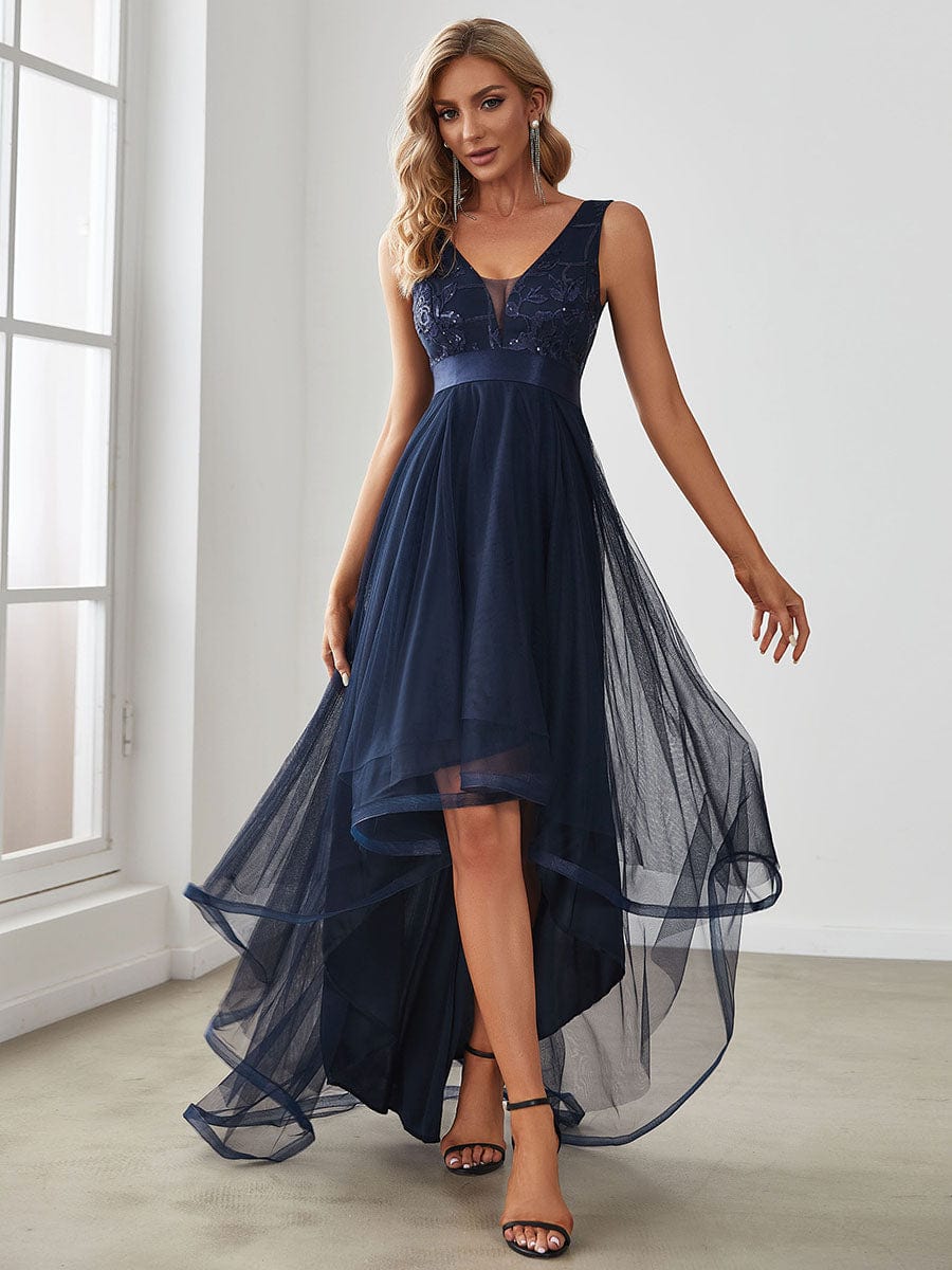 Fashion High-Low Deep V Neck Tulle Prom Dresses with Sequin Appliques #Color_Navy Blue