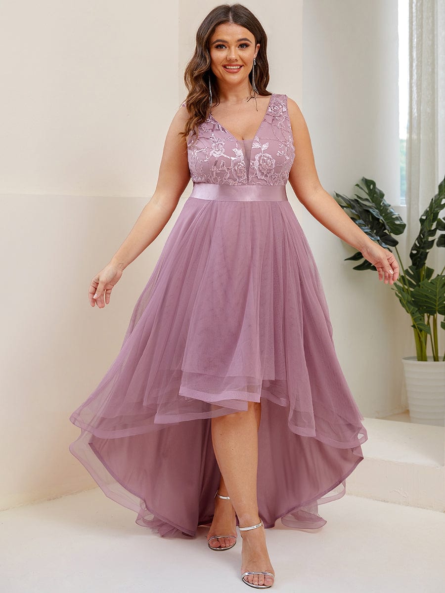 Plus Size Sequin High-Low Deep V Neck Tulle Evening Dresses #color_Purple Orchid