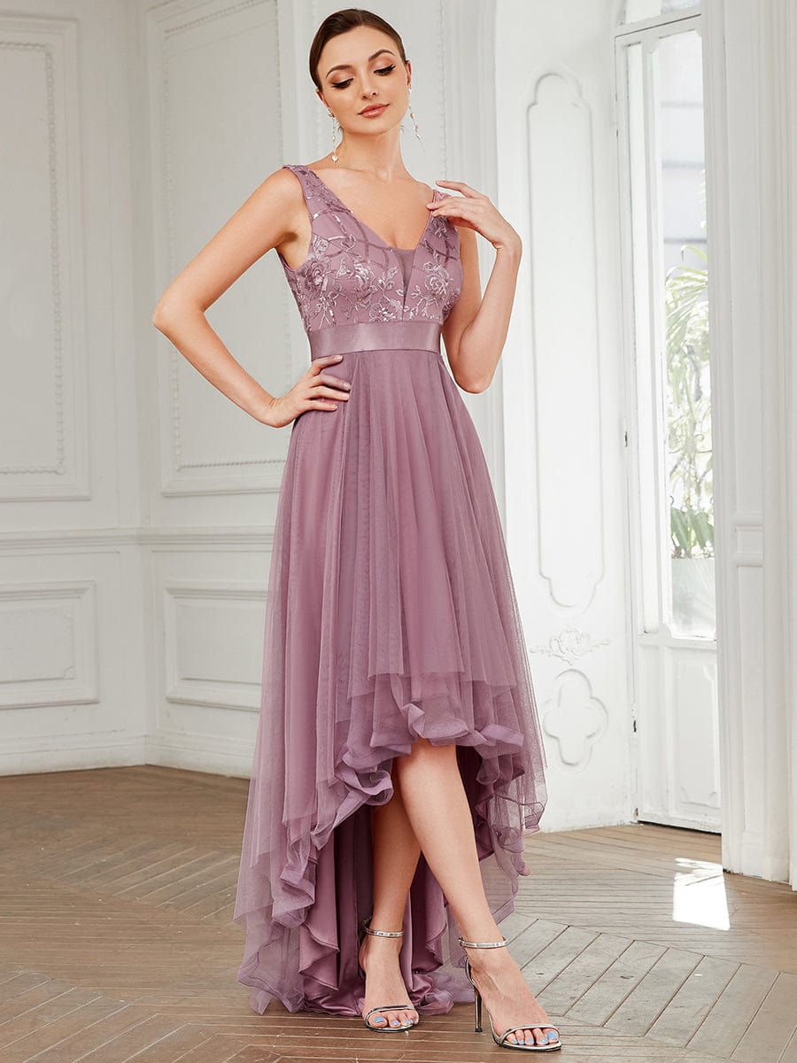 Fashion High-Low Deep V Neck Tulle Prom Dresses with Sequin Appliques #Color_Purple Orchid