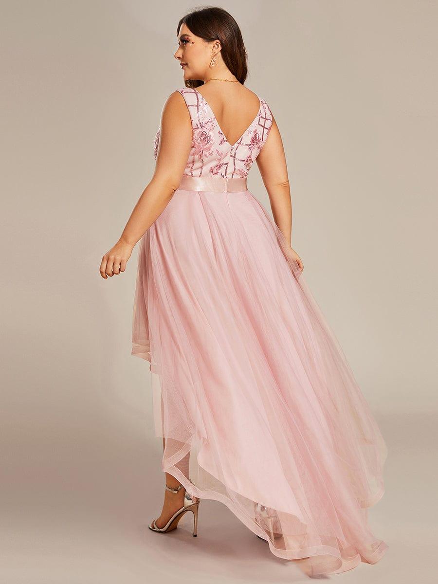 Plus Size Sequin High-Low Deep V Neck Tulle Evening Dresses #color_Pink