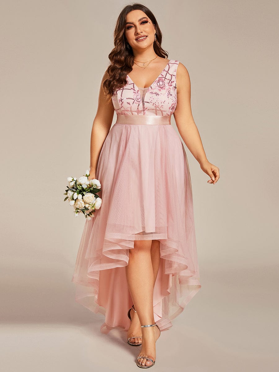 Plus Size Sequin High-Low Deep V Neck Tulle Evening Dresses #color_Pink