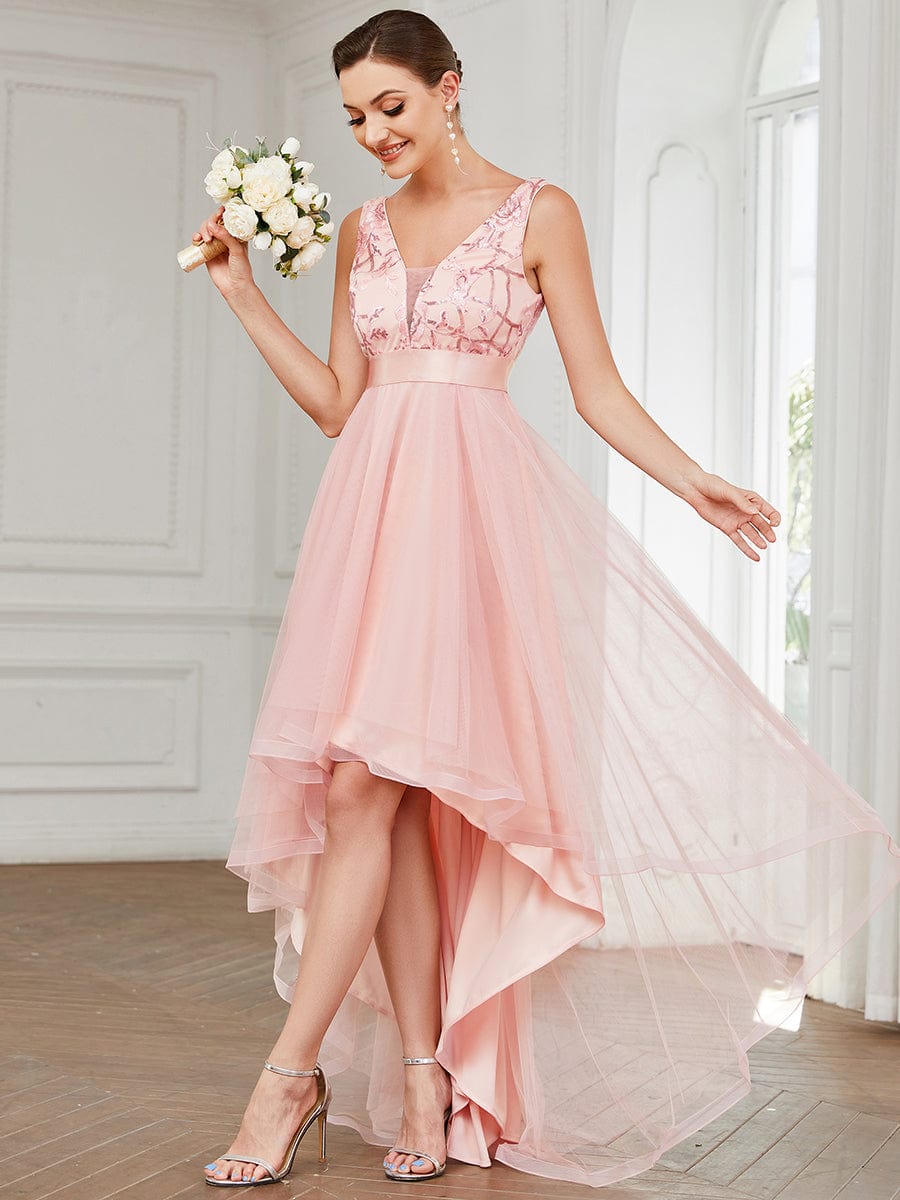 Custom Size High-Low Deep V Neck Tulle Prom Dresses with Sequin Appliques #color_Pink