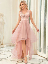 Fashion High-Low Deep V Neck Tulle Prom Dresses with Sequin Appliques #color_Pink