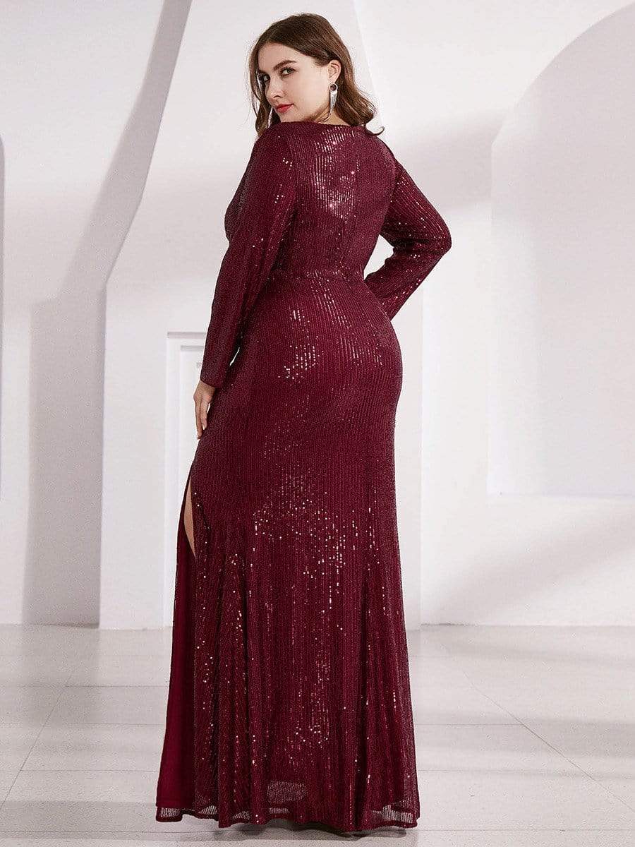 Plus Size Sexy Deep V-Neck Sequin Bodice Formal Evening Gowns #color_Burgundy 