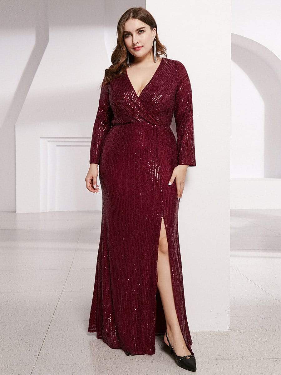 Custom Size Long Sleeves Deep V-Neck Sequin Bodice Formal Evening Gowns