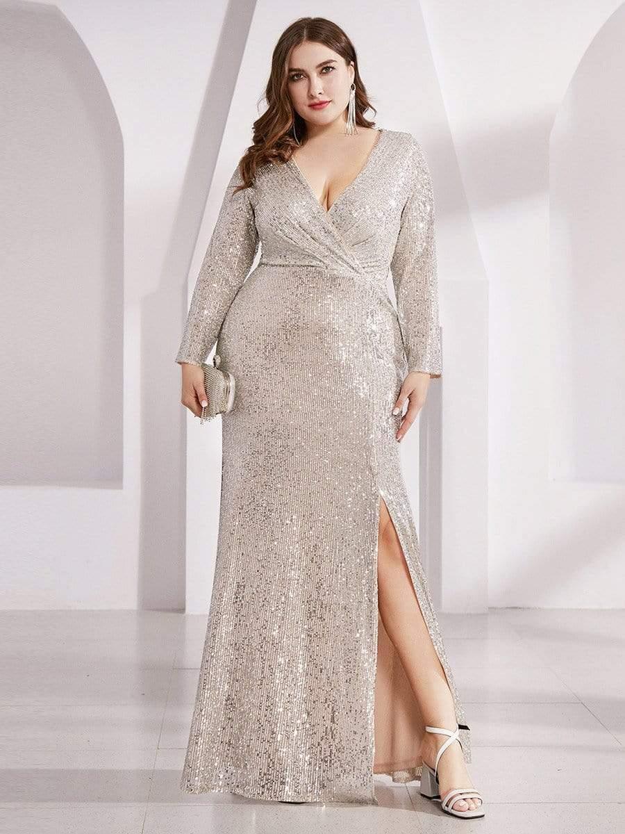 Shiny V Neck Plus Size Long Sleeve Sequin Formal Evening Dress
