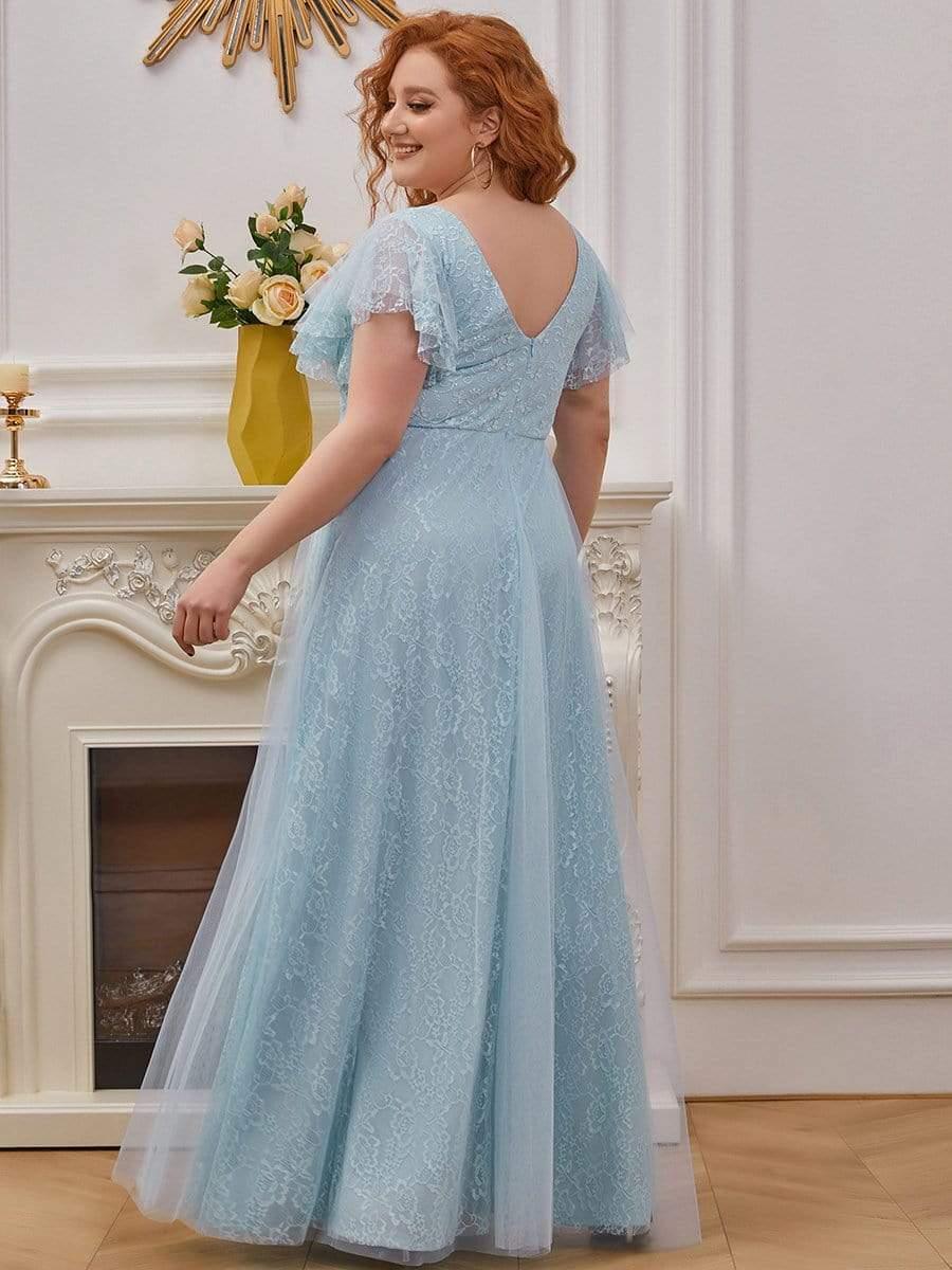 Plus Size Cap Sleeve Floral Lace Long Formal Dresses #color_Sky Blue
