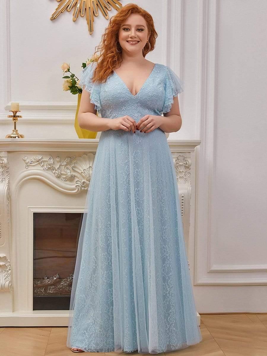 Plus Size Cap Sleeve Floral Lace Long Formal Dresses #color_Sky Blue