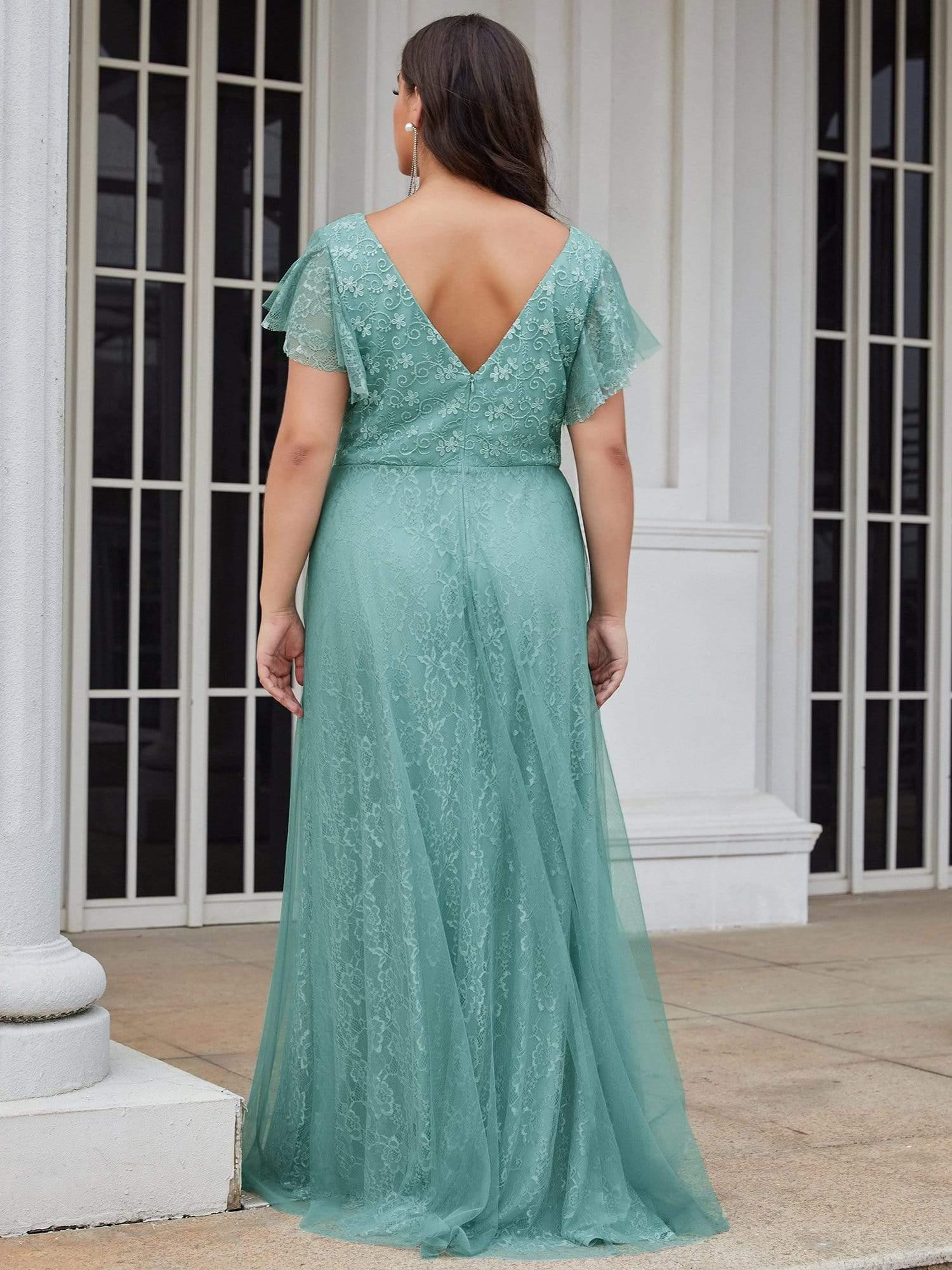 Double V Neck Long Lace Evening Dress with Ruffle Sleeves #color_Light Teal