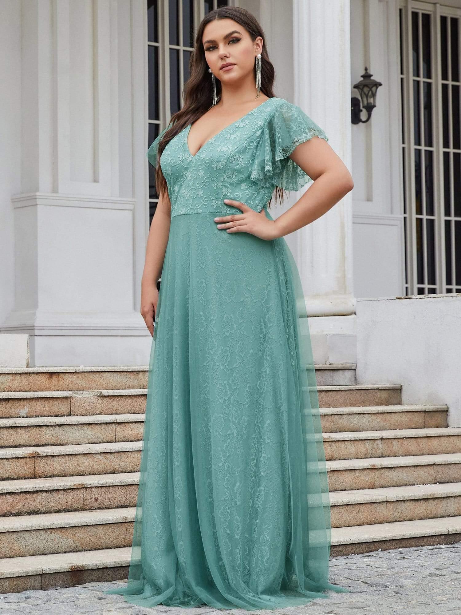 Double V Neck Long Lace Evening Dress with Ruffle Sleeves #color_Light Teal