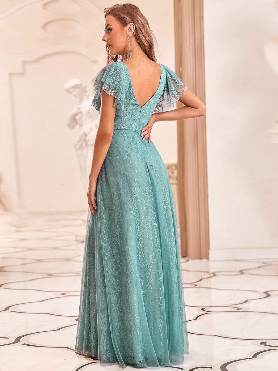 Double V Neck Long Lace Evening Dress with Ruffle Sleeves #color_Light Teal