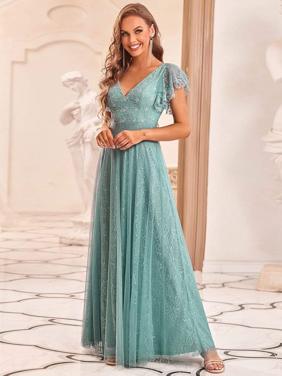 Double V Neck Long Lace Evening Dress with Ruffle Sleeves
