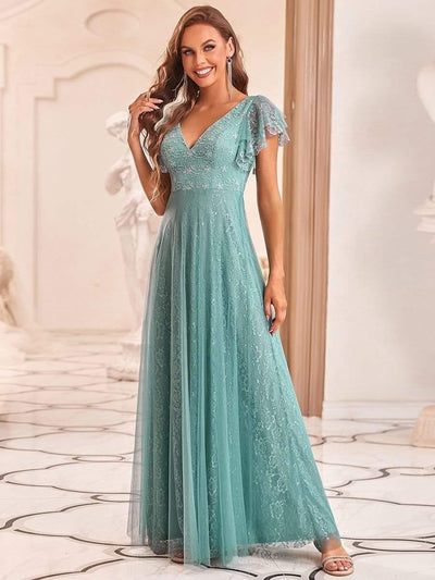 Double V Neck Long Lace Evening Dress with Ruffle Sleeves #color_Light Teal