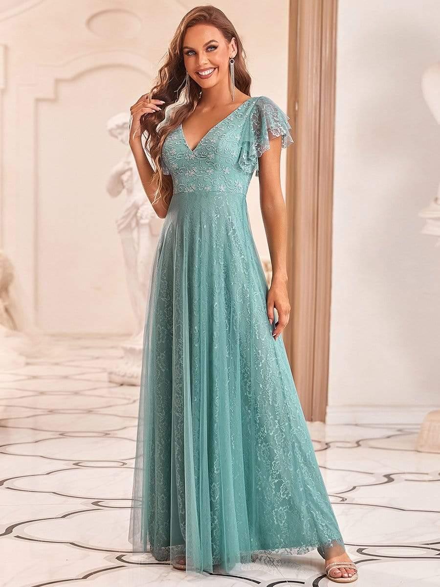 Double V Neck Long Lace Evening Dress with Ruffle Sleeves #color_Light Teal