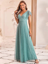 Double V Neck Long Lace Evening Dress with Ruffle Sleeves #color_Dusty Blue