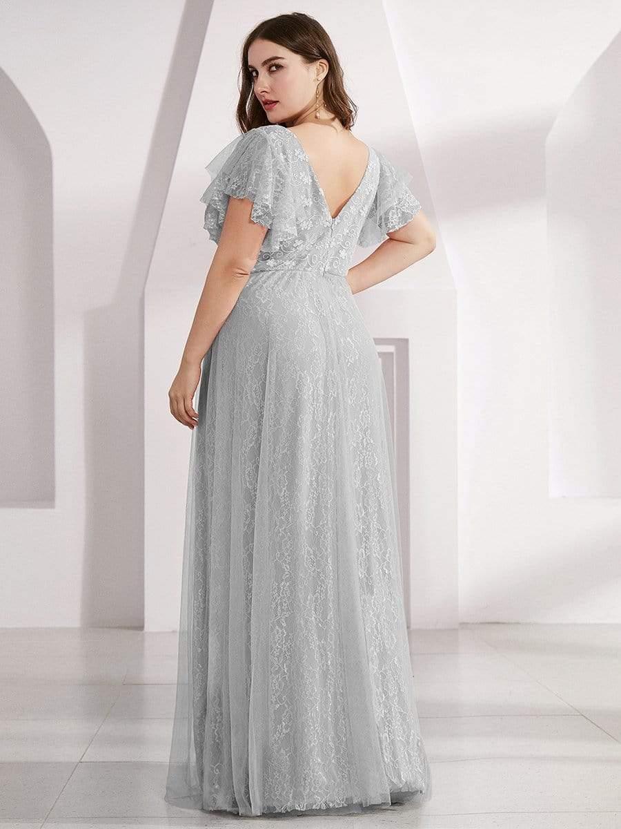 Plus Size Cap Sleeve Floral Lace Long Formal Dresses #color_Grey