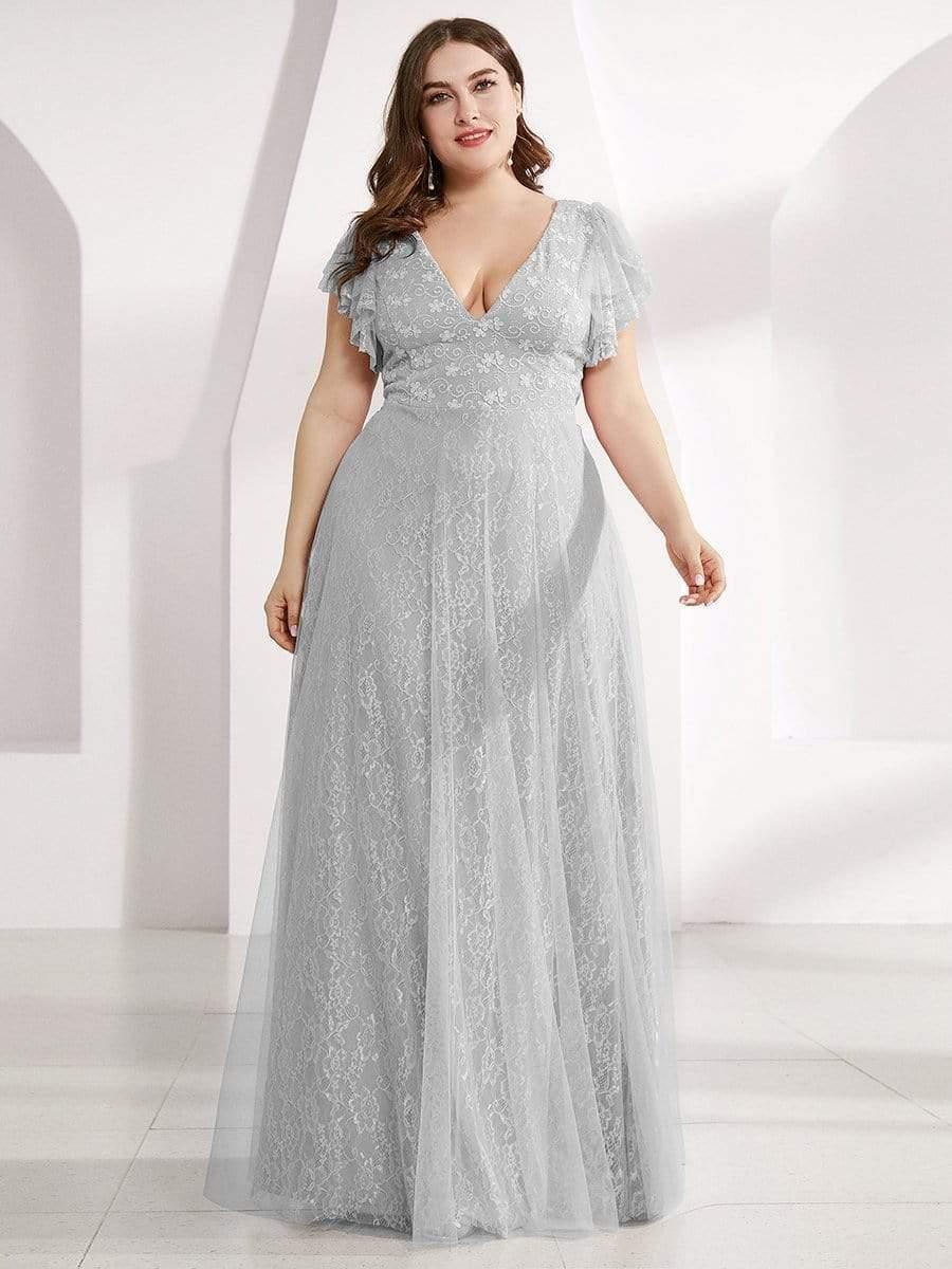 Plus Size Cap Sleeve Floral Lace Long Formal Dresses