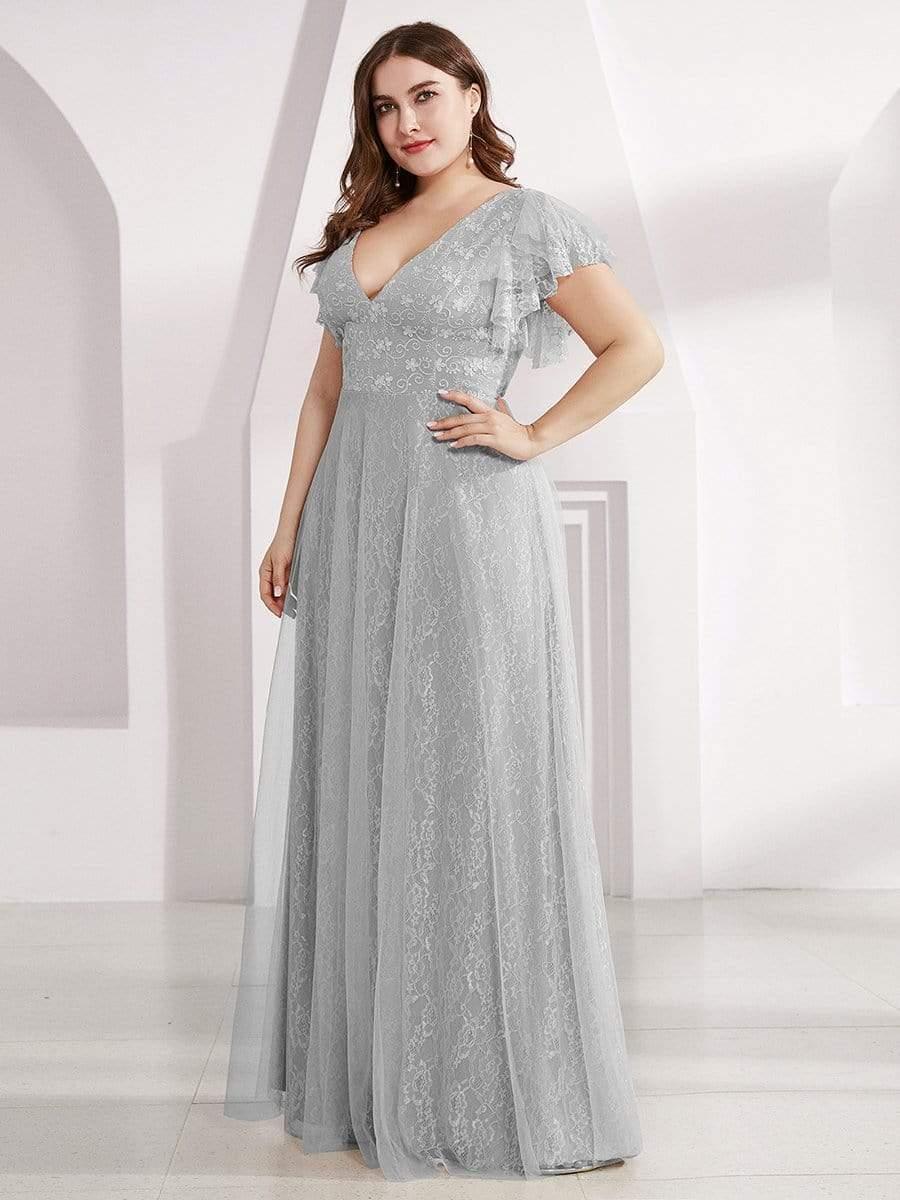 Plus Size Cap Sleeve Floral Lace Long Formal Dresses #color_Grey