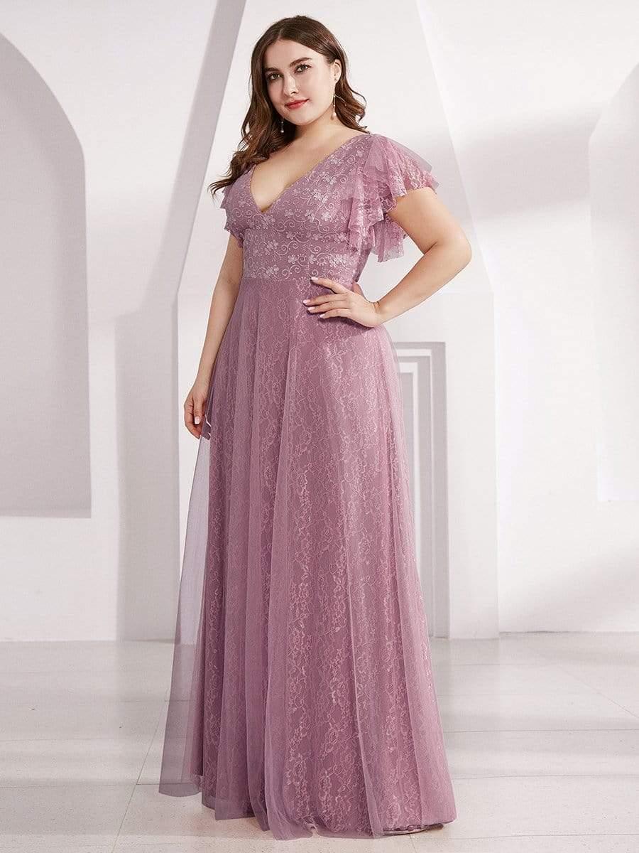 Plus Size Cap Sleeve Floral Lace Long Formal Dresses #color_Purple Orchid