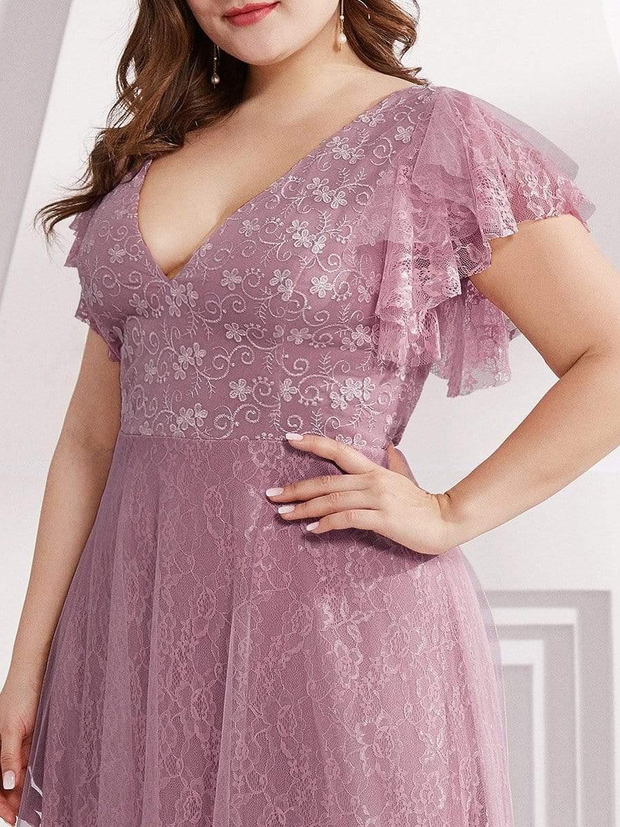 Plus Size Cap Sleeve Floral Lace Long Formal Dresses #color_Purple Orchid