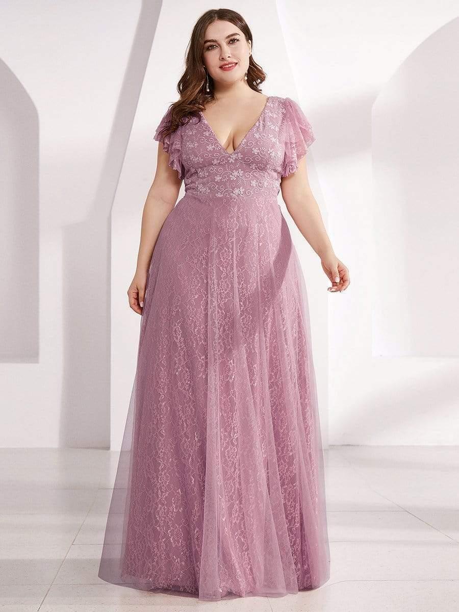 Plus Size Cap Sleeve Floral Lace Long Formal Dresses #color_Purple Orchid