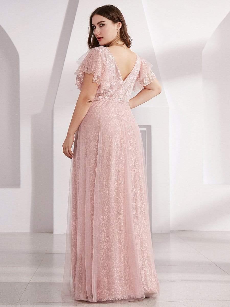 Plus Size Cap Sleeve Floral Lace Long Formal Dresses #color_Pink