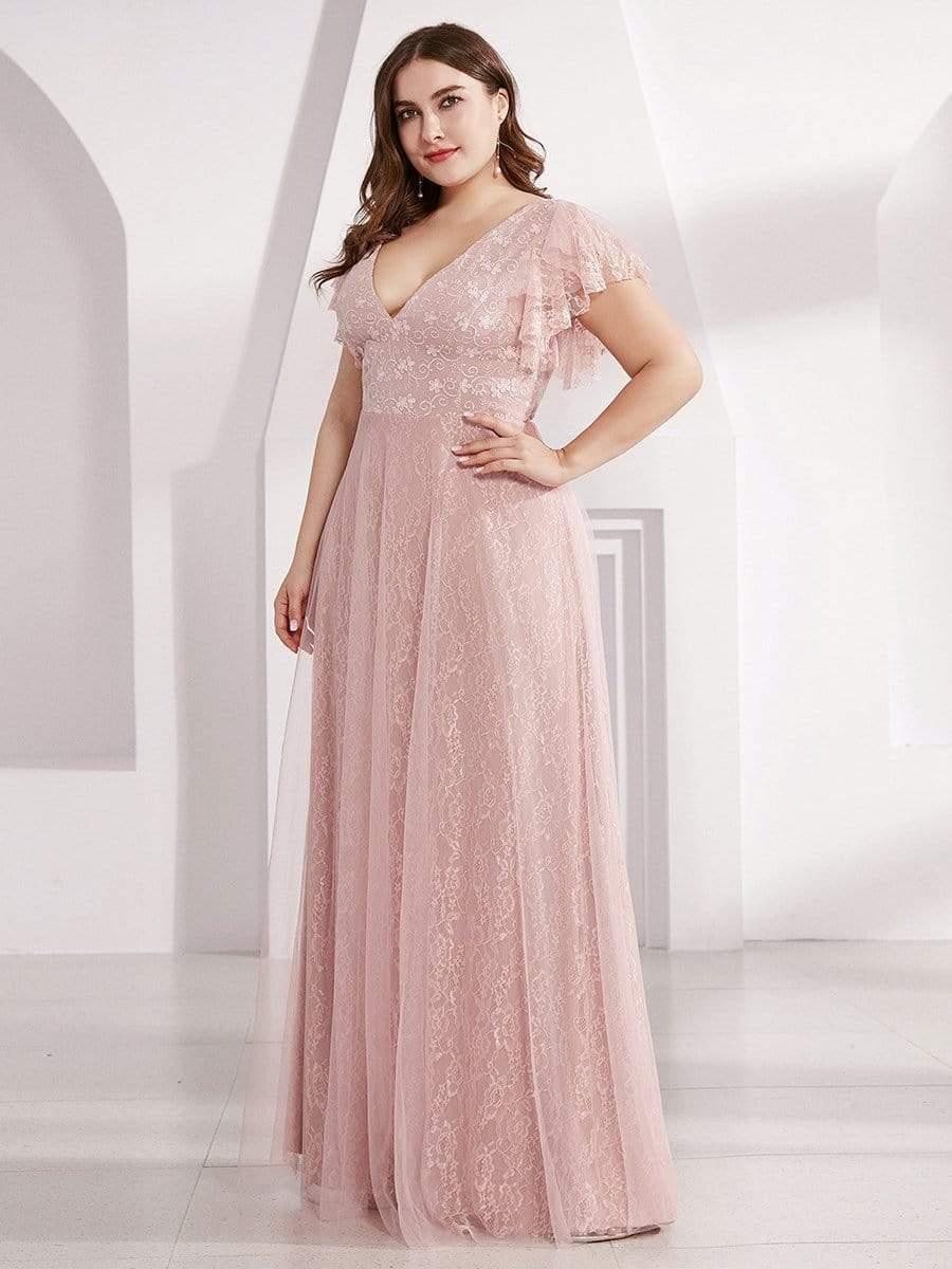 Plus Size Cap Sleeve Floral Lace Long Formal Dresses #color_Pink