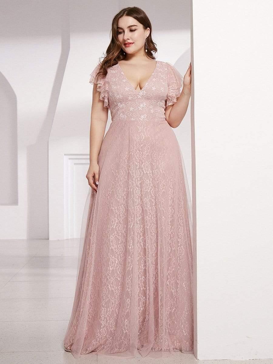 Plus Size Cap Sleeve Floral Lace Long Formal Dresses #color_Pink