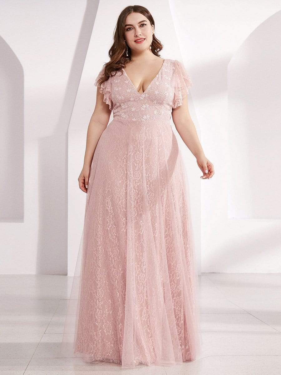 Plus Size Cap Sleeve Floral Lace Long Formal Dresses #color_Pink