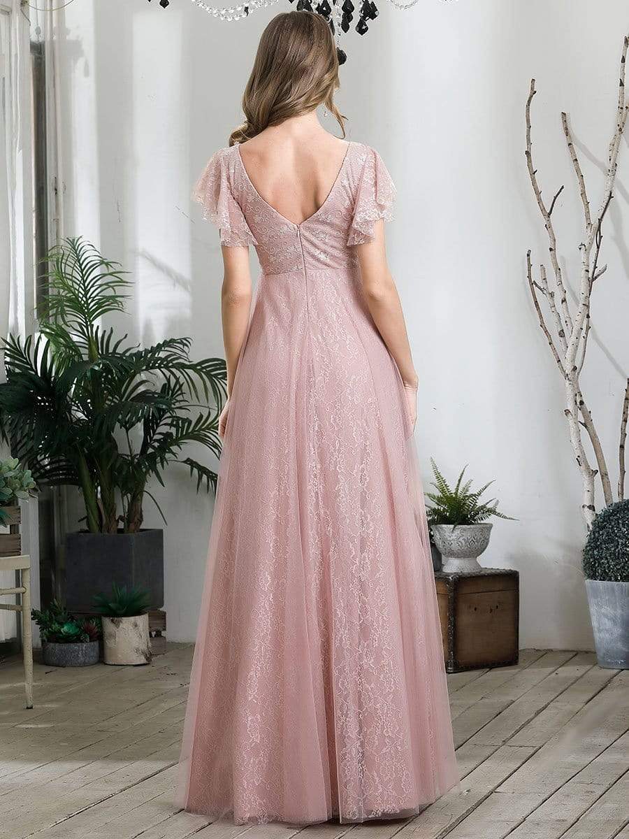 Double V Neck Long Lace Evening Dress with Ruffle Sleeves #color_Pink