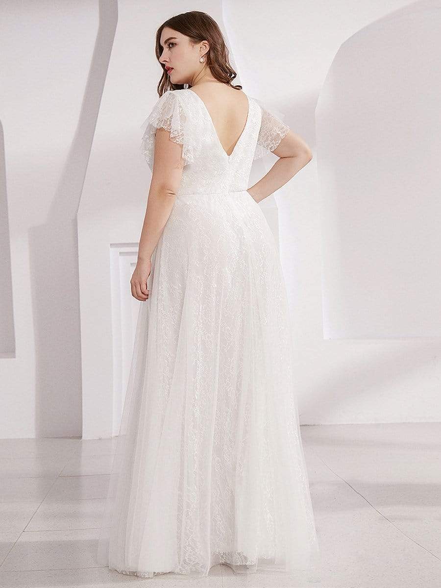Plus Size Cap Sleeve Floral Lace Long Formal Dresses #color_White